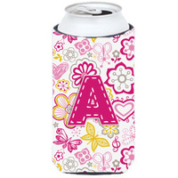 Letter A Flowers and Butterflies Pink Tall Boy Beverage Insulator Hugger CJ2005-ATBC