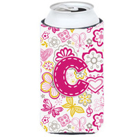 Letter C Flowers and Butterflies Pink Tall Boy Beverage Insulator Hugger CJ2005-CTBC