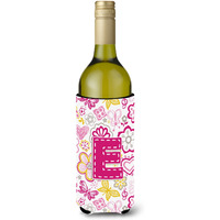 Letter E Flowers and Butterflies Pink Wine Bottle Beverage Insulator Hugger CJ2005-ELITERK