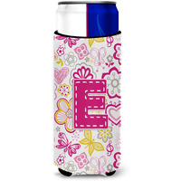 Letter E Flowers and Butterflies Pink Ultra Beverage Insulators for slim cans CJ2005-EMUK