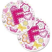 "Caroline's Treasures Letter F Flowers & Butterflies pink Set of 2 Cup Holder Car Coasters CJ2005-FCARC, 2.56, Multicolor"
