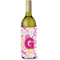 Letter G Flowers and Butterflies Pink Wine Bottle Beverage Insulator Hugger CJ2005-GLITERK