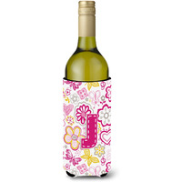 Letter J Flowers and Butterflies Pink Wine Bottle Beverage Insulator Hugger CJ2005-JLITERK