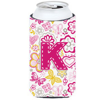 Letter K Flowers and Butterflies Pink Tall Boy Beverage Insulator Hugger CJ2005-KTBC