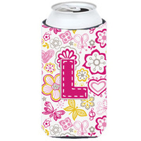 Letter L Flowers and Butterflies Pink Tall Boy Beverage Insulator Hugger CJ2005-LTBC