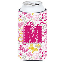 Letter M Flowers and Butterflies Pink Tall Boy Beverage Insulator Hugger CJ2005-MTBC