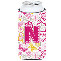 Letter N Flowers and Butterflies Pink Tall Boy Beverage Insulator Hugger CJ2005-NTBC