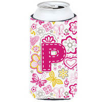 Letter P Flowers and Butterflies Pink Tall Boy Beverage Insulator Hugger CJ2005-PTBC