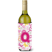 Letter Q Flowers and Butterflies Pink Wine Bottle Beverage Insulator Hugger CJ2005-QLITERK