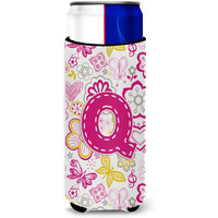 Letter Q Flowers and Butterflies Pink Ultra Beverage Insulators for slim cans CJ2005-QMUK