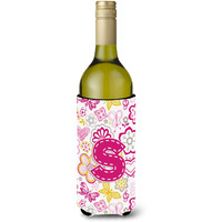 Letter S Flowers and Butterflies Pink Wine Bottle Beverage Insulator Hugger CJ2005-SLITERK