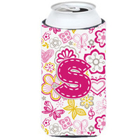 Letter S Flowers and Butterflies Pink Tall Boy Beverage Insulator Hugger CJ2005-STBC