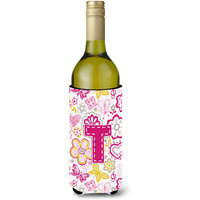 Letter T Flowers and Butterflies Pink Wine Bottle Beverage Insulator Hugger CJ2005-TLITERK