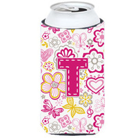 Letter T Flowers and Butterflies Pink Tall Boy Beverage Insulator Hugger CJ2005-TTBC
