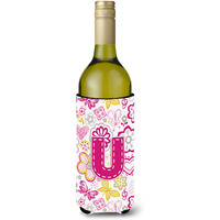 Letter U Flowers and Butterflies Pink Wine Bottle Beverage Insulator Hugger CJ2005-ULITERK