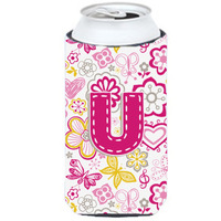 Letter U Flowers and Butterflies Pink Tall Boy Beverage Insulator Hugger CJ2005-UTBC