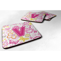 "Caroline's Treasures CJ2005-VFC Letter V Flowers and Butterflies Pink Foam Coasters (Set of 4), 3.5"", Multicolor"