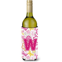 Letter W Flowers and Butterflies Pink Wine Bottle Beverage Insulator Hugger CJ2005-WLITERK