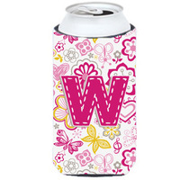 Letter W Flowers and Butterflies Pink Tall Boy Beverage Insulator Hugger CJ2005-WTBC