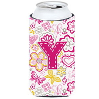 Letter Y Flowers and Butterflies Pink Tall Boy Beverage Insulator Hugger CJ2005-YTBC
