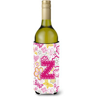 Letter Z Flowers and Butterflies Pink Wine Bottle Beverage Insulator Hugger CJ2005-ZLITERK