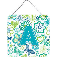 "Caroline's Treasures Letter A Flowers and Butterflies Teal Blue Wall or Door Hanging Prints, 6 x 6"""