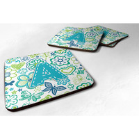 "Caroline's Treasures CJ2006-AFC Letter A Flowers and Butterflies Teal Blue Foam Coasters (Set of 4), 3.5"", Multicolor"