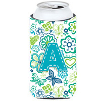 Letter A Flowers and Butterflies Teal Blue Tall Boy Beverage Insulator Hugger CJ2006-ATBC