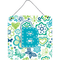 "Caroline's Treasures Letter B Flowers and Butterflies Teal Blue Wall or Door Hanging Prints, 6 x 6"""