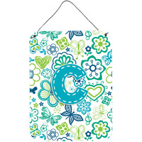 "Caroline's Treasures CJ2006-CDS1216 Letter C Flowers and Butterflies Teal Blue Wall or Door Hanging Prints, 16 x 12"", Multicolor"