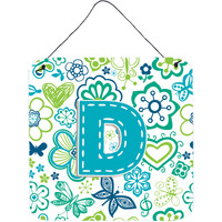 "Caroline's Treasures Letter D Flowers and Butterflies Teal Blue Wall or Door Hanging Prints, 6 x 6"""