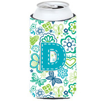 Letter D Flowers and Butterflies Teal Blue Tall Boy Beverage Insulator Hugger CJ2006-DTBC