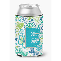 Letter E Flowers and Butterflies Teal Blue Can or Bottle Hugger CJ2006-ECC
