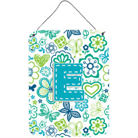 "Caroline's Treasures CJ2006-EDS1216 Letter E Flowers and Butterflies Teal Blue Wall or Door Hanging Prints, 16 x 12"", Multicolor"