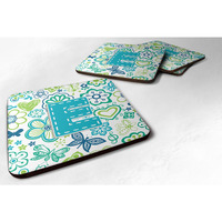 "Caroline's Treasures CJ2006-EFC Letter E Flowers and Butterflies Teal Blue Foam Coasters (Set of 4), 3.5"", Multicolor"