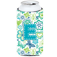 Letter E Flowers and Butterflies Teal Blue Tall Boy Beverage Insulator Hugger CJ2006-ETBC