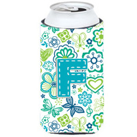 Letter F Flowers and Butterflies Teal Blue Tall Boy Beverage Insulator Hugger CJ2006-FTBC