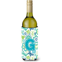 Letter G Flowers and Butterflies Teal Blue Wine Bottle Beverage Insulator Hugger CJ2006-GLITERK
