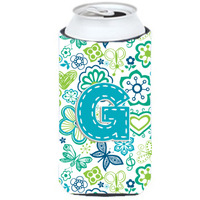 Letter G Flowers and Butterflies Teal Blue Tall Boy Beverage Insulator Hugger CJ2006-GTBC