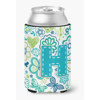 Letter H Flowers and Butterflies Teal Blue Can or Bottle Hugger CJ2006-HCC