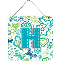 "Caroline's Treasures Letter H Flowers and Butterflies Teal Blue Wall or Door Hanging Prints, 6 x 6"""