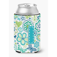 Letter I Flowers and Butterflies Teal Blue Can or Bottle Hugger CJ2006-ICC