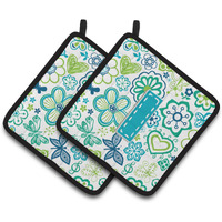 "Caroline's Treasures Letter I Flowers & Butterflies Teal Blue Pair of Pot Holders CJ2006-IPTHD, 7.5HX7.5W, Multicolor"