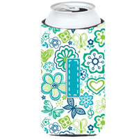 Letter I Flowers and Butterflies Teal Blue Tall Boy Beverage Insulator Hugger CJ2006-ITBC