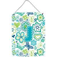 "Caroline's Treasures CJ2006-JDS1216 Letter J Flowers and Butterflies Teal Blue Wall or Door Hanging Prints, 16 x 12"", Multicolor"