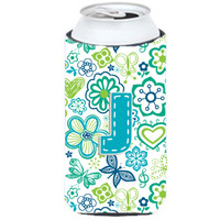 Letter J Flowers and Butterflies Teal Blue Tall Boy Beverage Insulator Hugger CJ2006-JTBC