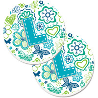 "Caroline's Treasures Letter L Flowers & Butterflies Teal Blue Set of 2 Cup Holder Car Coasters CJ2006-LCARC, 2.56, Multicolor"