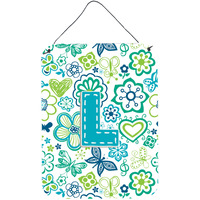 "Caroline's Treasures CJ2006-LDS1216 Letter L Flowers and Butterflies Teal Blue Wall or Door Hanging Prints, 16 x 12"", Multicolor"