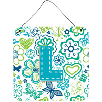 "Caroline's Treasures Letter L Flowers and Butterflies Teal Blue Wall or Door Hanging Prints, 6 x 6"""