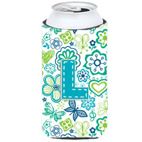 Letter L Flowers and Butterflies Teal Blue Tall Boy Beverage Insulator Hugger CJ2006-LTBC